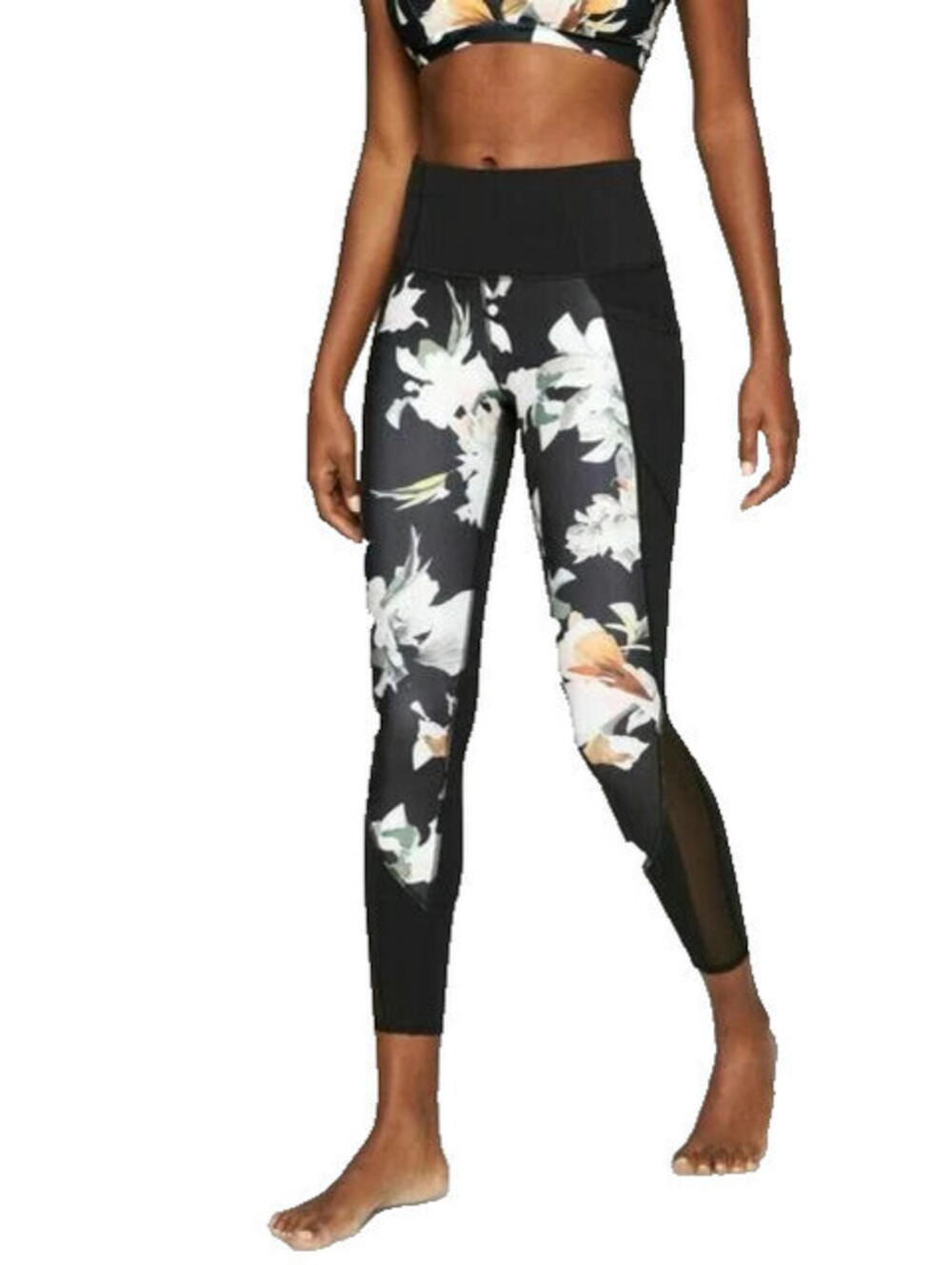 Athleta XS Blossom Intuition Floral Mesh Black Leggings Yoga Running